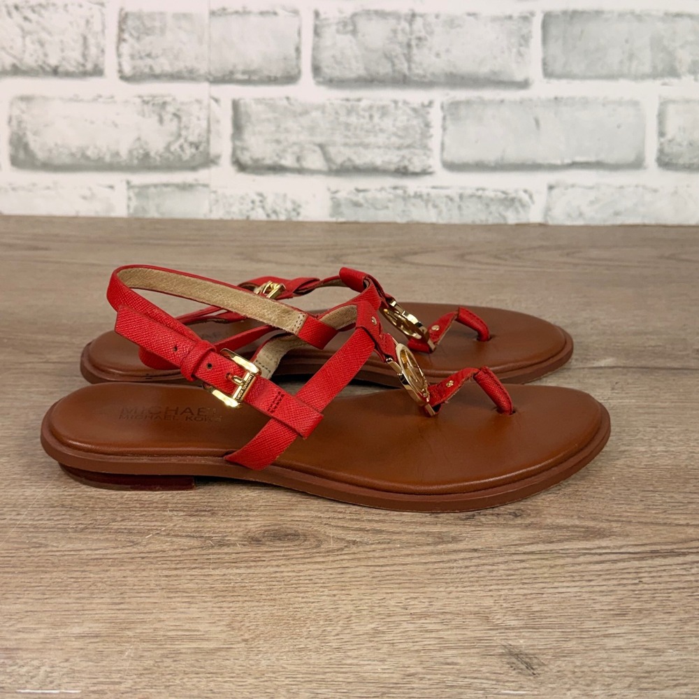 Michael Kors Plate Sandals Gold MK Logo Red Womens 7M